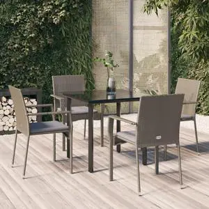 vidaXL Patio Dining Set with Cushions Seat 5 Piece Black and Gray Poly Rattan