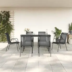 vidaXL Patio Dining Set Outdoor Furniture 7 Piece Black Steel and Textilene