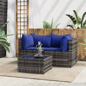 vidaXL Patio Furniture Set 3 Piece Loveseat Sofa with Cushions Gray Poly Rattan