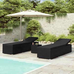 vidaXL Patio Sun Lounger Pool Sunbed with Tea Table 3 Piece Poly Rattan Black