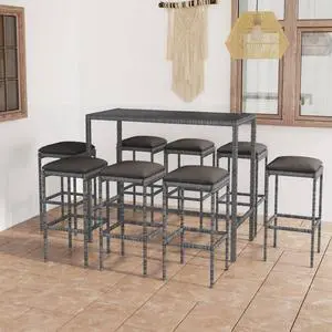 vidaXL Patio Bar Set 9 Piece Bar Stool Table with Cushions Poly Rattan Gray