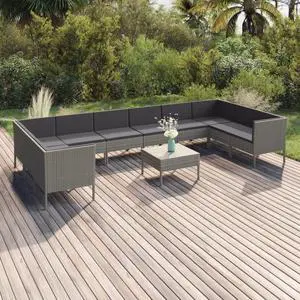vidaXL Patio Lounge Set Outdoor Sectional Sofa Set 11 Piece Poly Rattan Gray