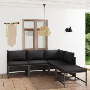 vidaXL Patio Lounge Set 5 Piece Sectional Sofa with Cushions Poly Rattan Gray