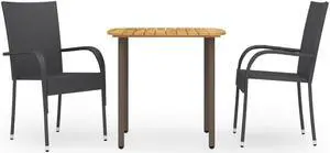 vidaXL Patio Dining Set 3 Piece Outdoor Table and Chair Set Poly Rattan Black