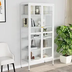 vidaXL Display Cabinet White Steel and Tempered Glass Side Cabinet Furniture