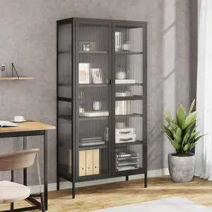vidaXL Sideboard Buffet Display Cabinet with 2 Doors Black Glass and Steel