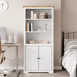 vidaXL Bookshelf Bookcase with Doors BODO White and Brown Solid Wood Pine