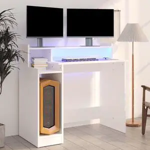vidaXL Desk with LED Lights Home Office Desk Furniture White Engineered Wood