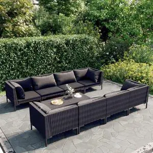 vidaXL Patio Lounge Set Outdoor Sectional Sofa 9 Piece Poly Rattan Dark Gray