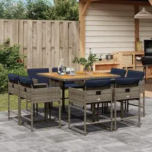 vidaXL Patio Dining Set with Cushions Outdoor Furniture 9 Piece Gray Poly Rattan
