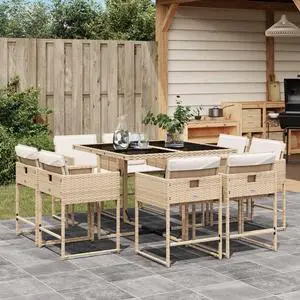 vidaXL Patio Dining Set with Cushions Furniture 9 Piece Beige Poly Rattan