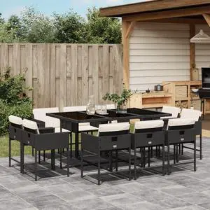 vidaXL Patio Dining Set with Cushions Furniture 11 Piece Black Poly Rattan