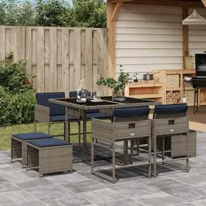 vidaXL Patio Dining Set with Cushions Garden Furniture 9 Piece Gray Poly Rattan