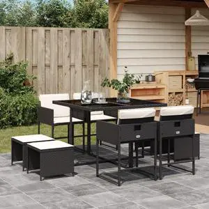 vidaXL Patio Dining Set with Cushions Outdoor Garden 9 Piece Black Poly Rattan