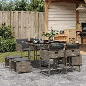 vidaXL Patio Dining Set with Cushions Outdoor Garden 9 Piece Gray Poly Rattan