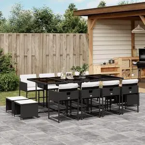 vidaXL Patio Dining Set with Cushions Outdoor Garden 13 Piece Black Poly Rattan