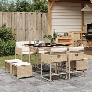 vidaXL Patio Dining Set with Cushions Outdoor Garden 9 Piece Beige Poly Rattan