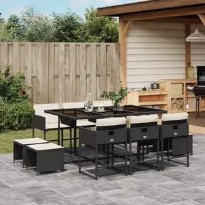 vidaXL Patio Dining Set with Cushions Outdoor Garden 11 Piece Black Poly Rattan