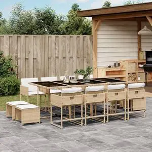 vidaXL Patio Dining Set with Cushions Outdoor Garden 13 Piece Beige Poly Rattan