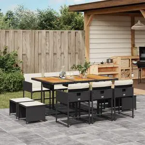 vidaXL Patio Dining Set with Cushions Outdoor Garden 11 Piece Black Poly Rattan