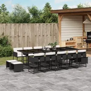 vidaXL Patio Dining Set with Cushions Outdoor Garden 15 Piece Black Poly Rattan