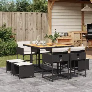 vidaXL Patio Dining Set with Cushions Outdoor Garden 9 Piece Black Poly Rattan