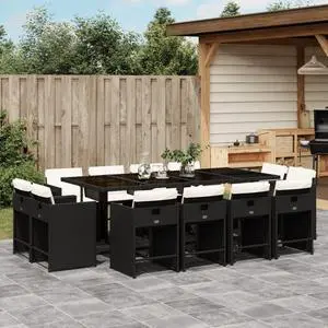 vidaXL Patio Dining Set with Cushions Furniture 13 Piece Black Poly Rattan