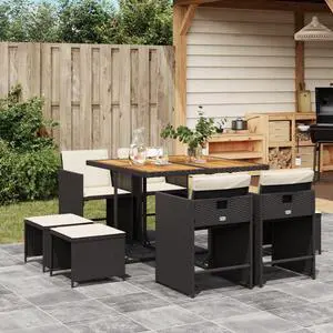 vidaXL Patio Dining Set with Cushions Garden Furniture 9 Piece Black Poly Rattan