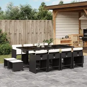 vidaXL Patio Dining Set with Cushions Furniture 13 Piece Black Poly Rattan
