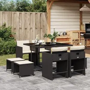vidaXL 9 Piece Patio Dining Set with Cushions Black Poly Rattan
