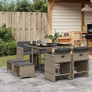 vidaXL Patio Dining Set with Cushions Garden Furniture 9 Piece Gray Poly Rattan