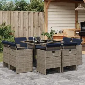 vidaXL Patio Dining Set with Cushions Outdoor Furniture 9 Piece Gray Poly Rattan