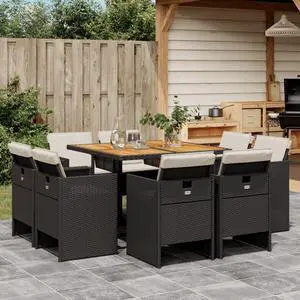vidaXL Patio Dining Set with Cushions Furniture 9 Piece Black Poly Rattan
