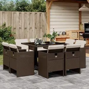 vidaXL Patio Dining Set with Cushions Furniture 9 Piece Brown Poly Rattan