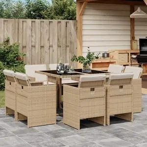 vidaXL Patio Dining Set with Cushions Furniture 9 Piece Beige Poly Rattan