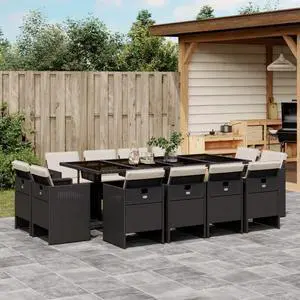 vidaXL Patio Dining Set with Cushions Furniture 13 Piece Black Poly Rattan