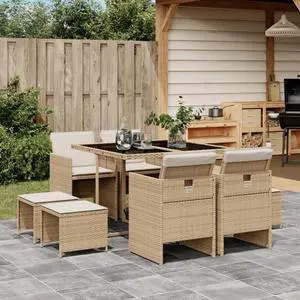 vidaXL Patio Dining Set with Cushions Table and Chairs 9 Piece Beige Poly Rattan