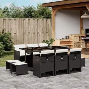 vidaXL Patio Dining Set with Cushions Bistro Set 11 Piece Black Poly Rattan