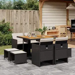 vidaXL Patio Dining Set with Cushions Table and Chairs 9 Piece Black Poly Rattan
