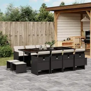 vidaXL Patio Dining Set with Cushions Bistro Set 13 Piece Black Poly Rattan