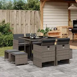 vidaXL Patio Dining Set with Cushions Table and Chairs 9 Piece Gray Poly Rattan