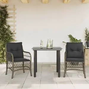 vidaXL Bistro Set with Cushions Outdoor Furniture 3 Piece Gray Poly Rattan