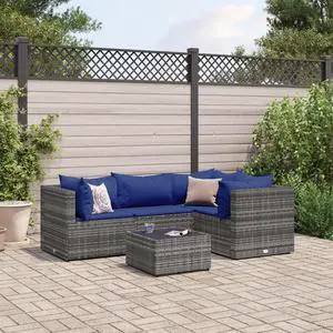 vidaXL Patio Lounge Set with Cushions Sectional Sofa 5 Piece Gray Poly Rattan