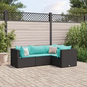 vidaXL Patio Lounge Set with Cushions Sectional Sofa 4 Piece Black Poly Rattan