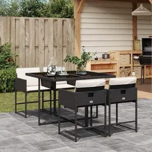 vidaXL Patio Dining Set with Cushions Table and Chairs 5 Piece Black Poly Rattan