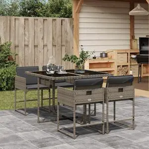 vidaXL Patio Dining Set with Cushions Table and Chairs 5 Piece Gray Poly Rattan