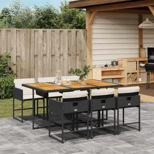 vidaXL Patio Dining Set with Cushions Table and Chairs 7 Piece Black Poly Rattan