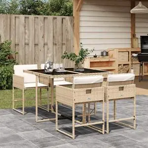 vidaXL Patio Dining Set with Cushions Table and Chairs 5 Piece Beige Poly Rattan