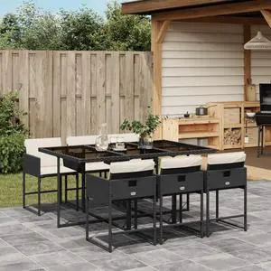 vidaXL Patio Dining Set with Cushions Table and Chairs 7 Piece Black Poly Rattan