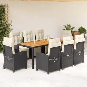 vidaXL Patio Dining Set with Cushions Garden Furniture 9 Piece Black Poly Rattan